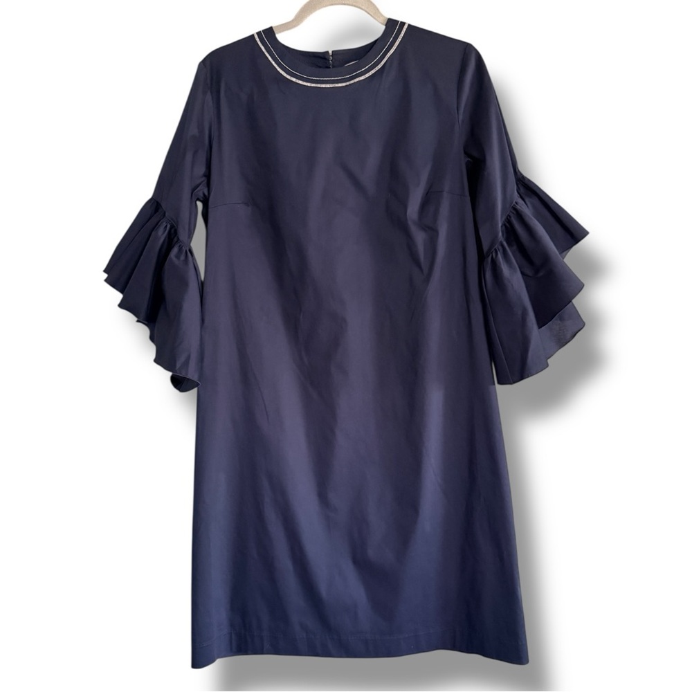 D- Exterior Shift Dress Waterfall Sleeves Navy W/ White Silver Size 46 US 10